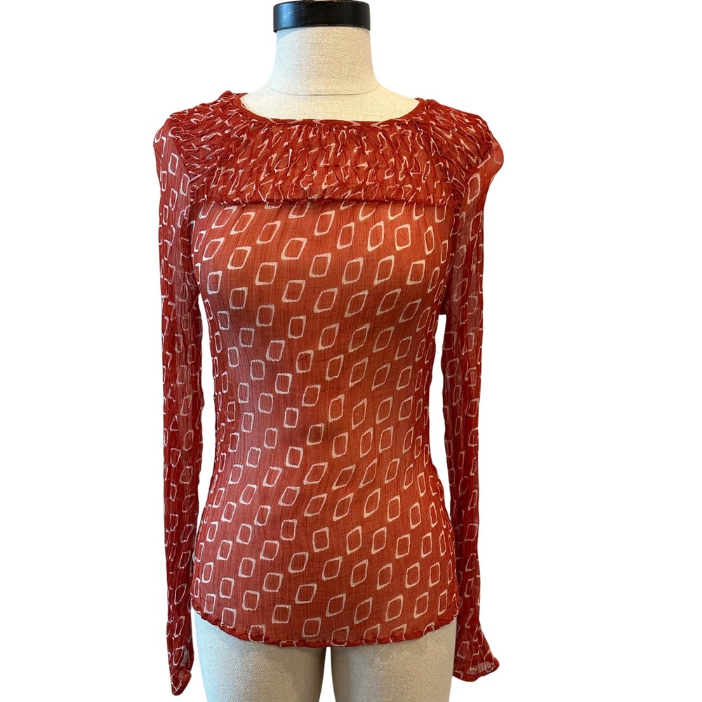 Lucky Brand Red Geometric‎ Smocked Sheer Long Sleeve Blouse Small Womens Boho